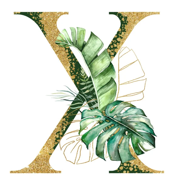 Golden Green Letter Decorated Green Golden Watercolor Tropical Leaves Isolated — Stok fotoğraf