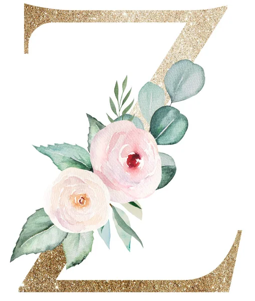 Light Golden Letter Watercolor Pastel Roses Isolated White Sparkling Boho — ストック写真