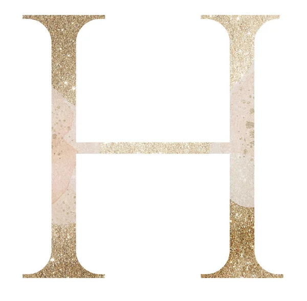 淡淡的金色大写字母H 带有米色水彩斑斑 孤立的插图 闪烁着节日元素 婚礼和节日文具设计用闪光字母表符号 — 图库照片