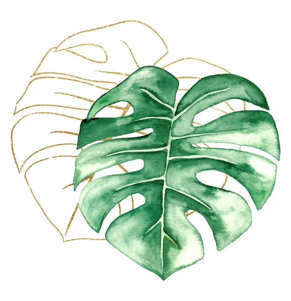 Yeşil Altın Suluboya Tropikal Canavarlar Çizim Yapar Düğün Tasarımı Için — Stok fotoğraf