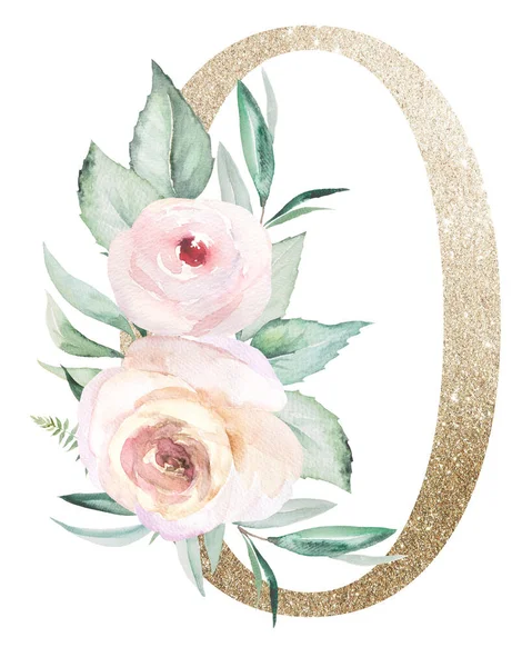 浅色的金黄色0号与水彩画玫瑰隔离在白色 闪烁着绿色叶子和浅粉色花朵的头号泡菜 婚礼和节日设计中的字母花卉元素 — 图库照片