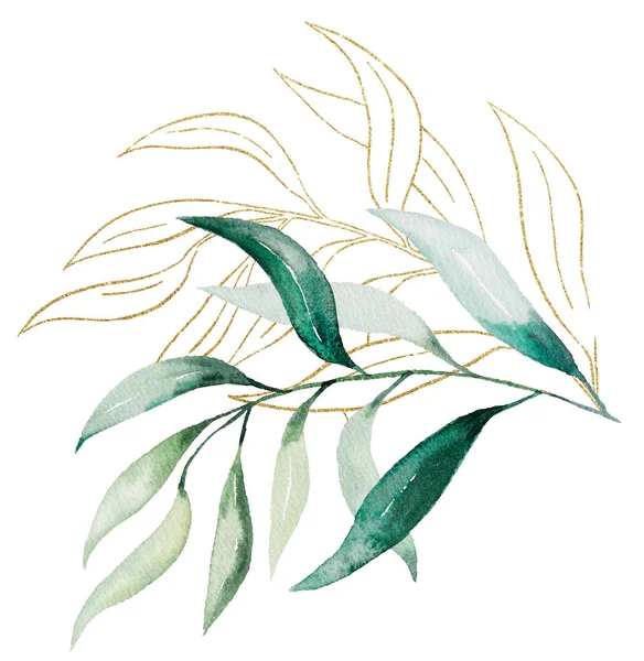Yeşil ve Altın suluboya botanik yapraklar. Düğün tasarımı için zarif elementler, tebrik kartları ve el işi, metin için yer