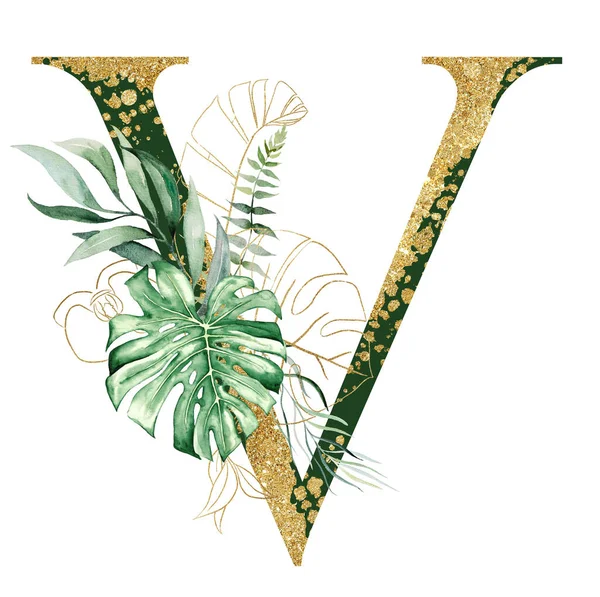 Golden Green Letter Decorated Green Golden Watercolor Tropical Leaves Isolated — Stockfoto