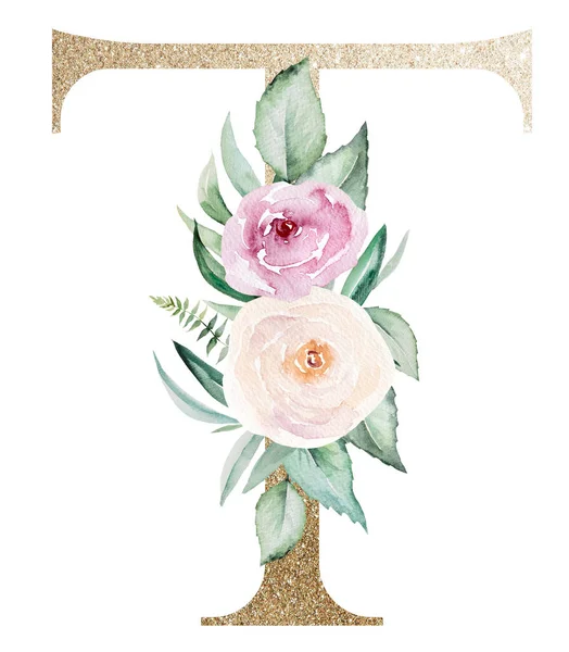 Light Golden Letter Watercolor Pastel Roses Isolated White Sparkling Boho — Stock Photo, Image