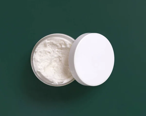 Homemade Cream Plastic Jar Dark Green Top View Brand Packaging — Foto de Stock