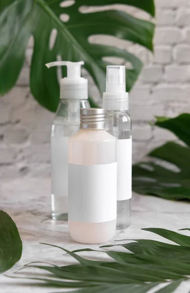 Trasparent Cosmetic Dispensers Tropical Monstera Leaves Marble Table Close Brand — Fotografia de Stock