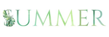 Yeşil kelime, beyaz üzerine izole edilmiş yeşil suluboya yapraklarla süslenmiş. Canavar ve muz yapraklı egzotik bir element.