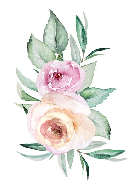 水彩ライトピンクの花や緑の葉の花束 結婚式の静止画 挨拶カード クラフトのための白に隔離されたイラスト パステルフローラルハンドペイントのアレンジ — ストック写真