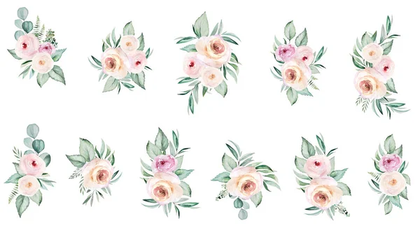 Watercolor Light Pink Flowers Green Leaves Bouquets Illustration Isolated White — Photo