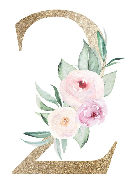Light Golden Number Watercolor Pastel Roses Isolated White Sparkling Boho — стокове фото