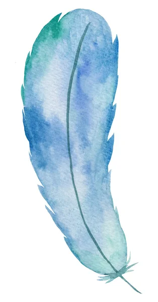 Watercolor Light Blue Feather Bohemian Illustration Isolated Monochrome Element Boho — Foto Stock