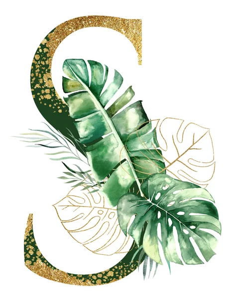 Golden Green Letter Decorated Green Golden Watercolor Tropical Leaves Isolated — Photo