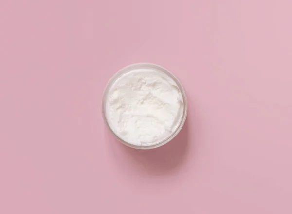 Homemade Cream Plastic Jar Light Pink Top View Brand Packaging — стоковое фото