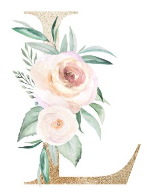 Açık altın renkli L harfi, beyaz üzerine izole edilmiş pastel güller. Yeşil yapraklı ve açık pembe çiçekli ışıldayan boho elementi. Düğün ve tatil tasarımı için alfabe çiçekleri