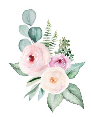 Suluboya pembe çiçekler ve yeşil yapraklar buketi, düğün kırtasiyesi için beyaza izole edilmiş illüstrasyon, tebrik kartları, el işi. Pastel Çiçek El boyama düzeneği