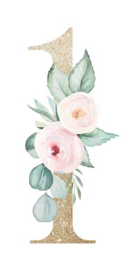 Açık altın rengi, suluboya pastel güller beyaz üzerine izole edilmiş. Yeşil yapraklı ve açık pembe çiçekli ışıldayan bir numaralı boho. Düğün ve tatil tasarımı için alfabe çiçek elementi