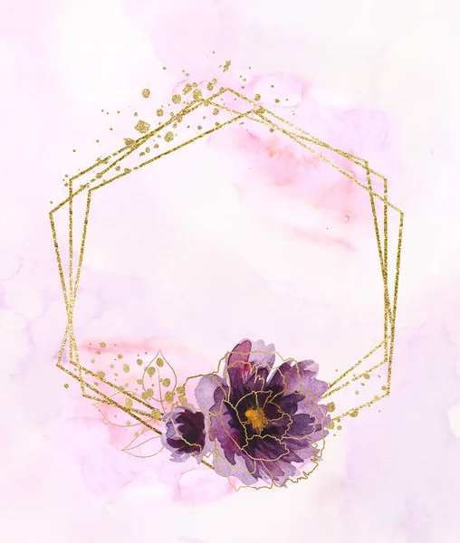 Moldura Dourada Geométrica Com Flores Peônias Roxas Douradas Folhas Ilustração — Fotografia de Stock