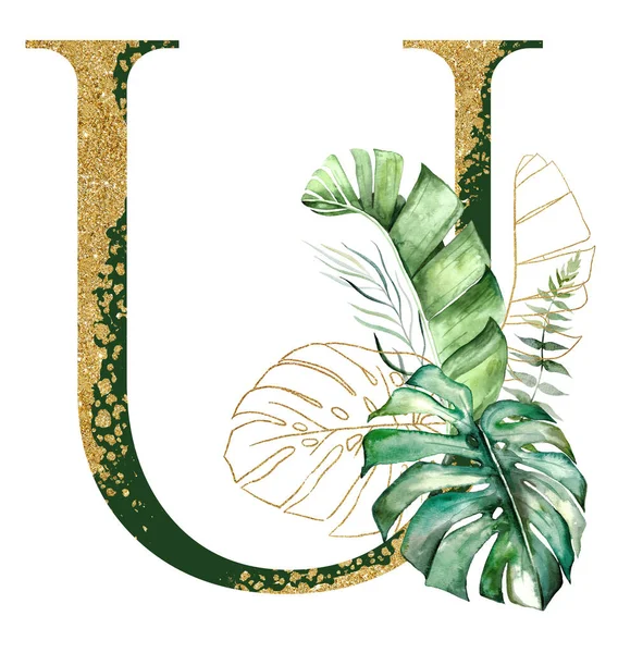 Golden Green Letter Decorated Green Golden Watercolor Tropical Leaves Isolated — Stock Photo, Image