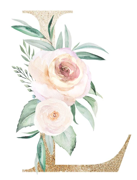 Açık altın renkli L harfi, beyaz üzerine izole edilmiş pastel güller. Yeşil yapraklı ve açık pembe çiçekli ışıldayan boho elementi. Düğün ve tatil tasarımı için alfabe çiçekleri