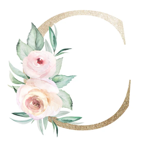 Beyaz üzerine izole edilmiş suluboya pastel gülleri olan açık renkli C harfi. Yeşil yapraklı ve açık pembe çiçekli ışıldayan boho elementi. Düğün ve tatil tasarımı için alfabe çiçekleri