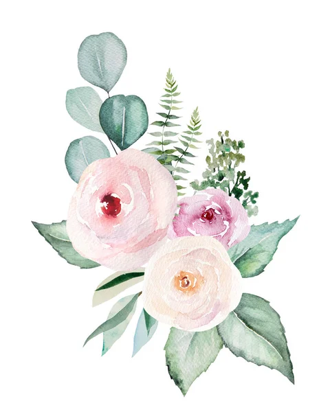 Watercolor Light Pink Flowers Green Leaves Bouquet Illustration Isolated White — Foto de Stock