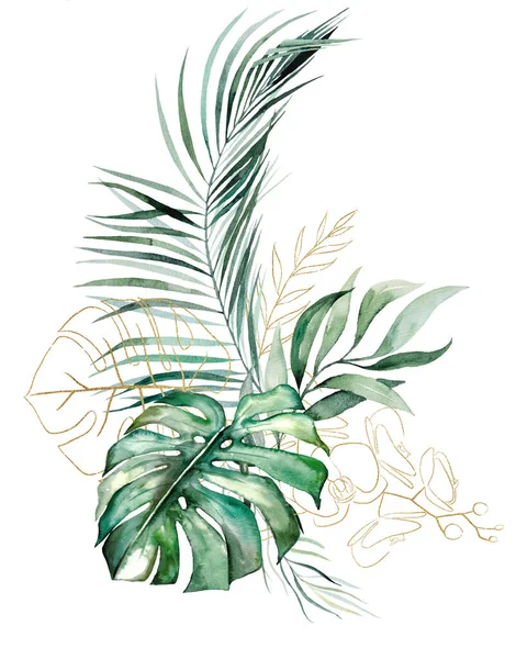 Golden Bouquet Green Golden Watercolor Tropical Banana Palm Monstera Leaves — Stockfoto