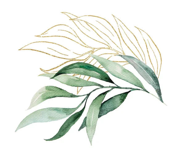 Zielony Złoty Akwarela Botaniczne Liście Ilustracja Elegancki Element Projektowania Wesel — Zdjęcie stockowe
