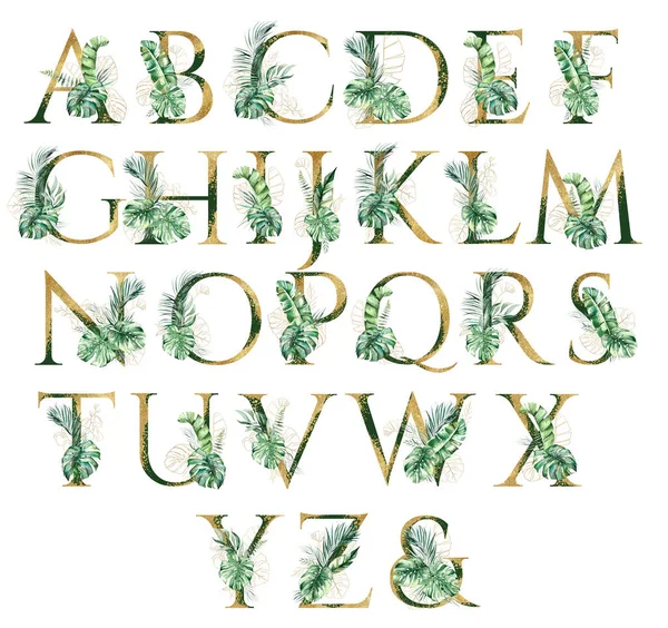 Golden Green Letters Decorated Green Golden Watercolor Tropical Leaves Isolated — Foto de Stock
