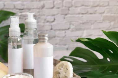 Yeşil canavar yapraklarının yakınındaki kozmetik şişeleri ve aksesuarlar beyaz tuğla duvara yakın. Marka ambalaj modeli. Cilt bakım ürünleri. Doğal ev yapımı kozmetik.