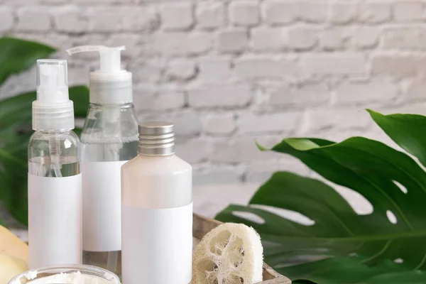 Garrafas Cosméticos Acessórios Perto Folhas Monstera Verdes Fechar Contra Parede — Fotografia de Stock