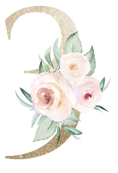 Світло Золоте Число Акварельними Пастельними Трояндами Ізольованими Білому Спарювання Бохо — стокове фото