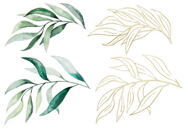 Green Golden Watercolor Botanical Leaves Illustration Elegant Element Wedding Design — Stock Photo, Image