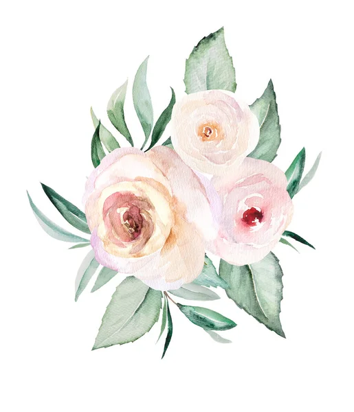 Watercolor Light Pink Flowers Green Leaves Bouquet Illustration Isolated White — Photo