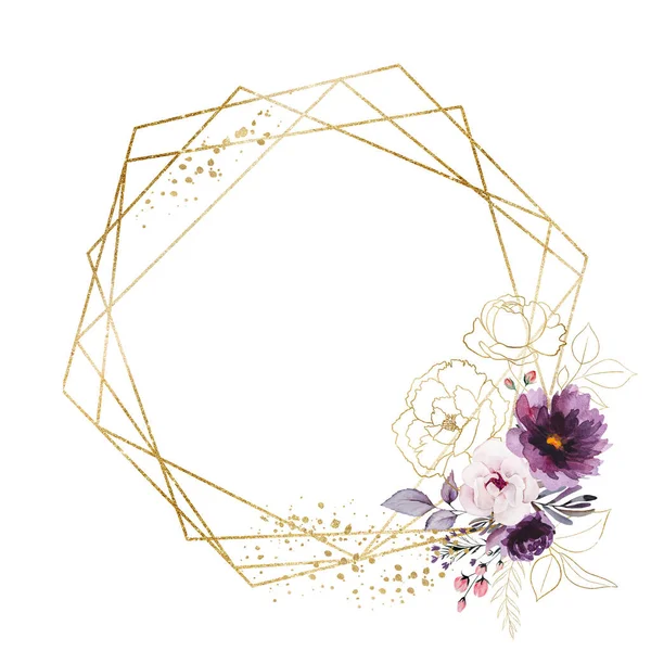 Геометрическая Золотая Рамка Акварелью Фиолетовый Золотой Пионы Цветы Листья Иллюстрации — стоковое фото