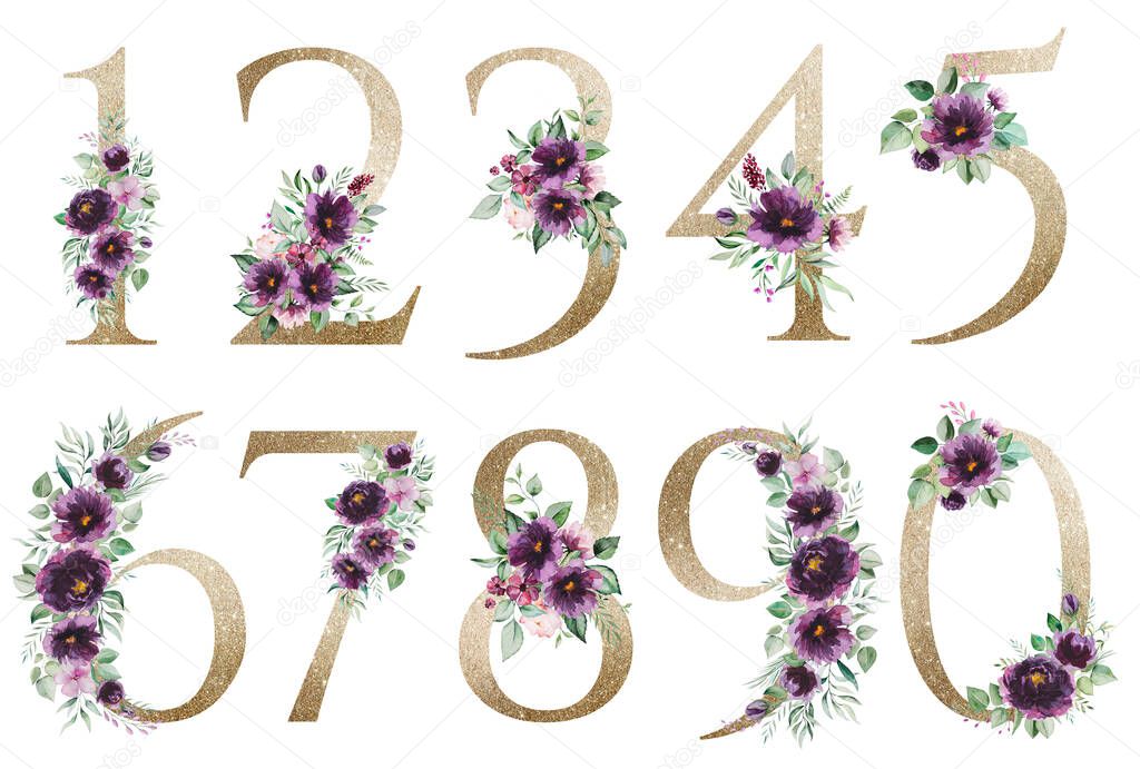 Light golden numbers with watercolor purple roses and green leaves bouquets isolated. Elements with violet peonies. Elegant Floral Alphabet for wedding and holiday design and stationery