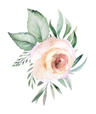 Watercolor light pink flowers and green leaves bouquet, illustration isolated on white for wedding stationary, greetings cards, crafting. Pastel Floral Hand painted arrangement