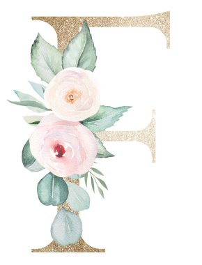 Beyaz üzerine izole edilmiş suluboya pastel gülleri olan açık renkli F harfi. Yeşil yapraklı ve açık pembe çiçekli ışıldayan boho elementi. Düğün ve tatil tasarımı için alfabe çiçekleri