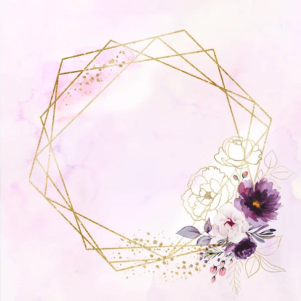 Geometric Golden Frame Watercolor Purple Golden Peonies Flowers Leaves Illustration — стоковое фото