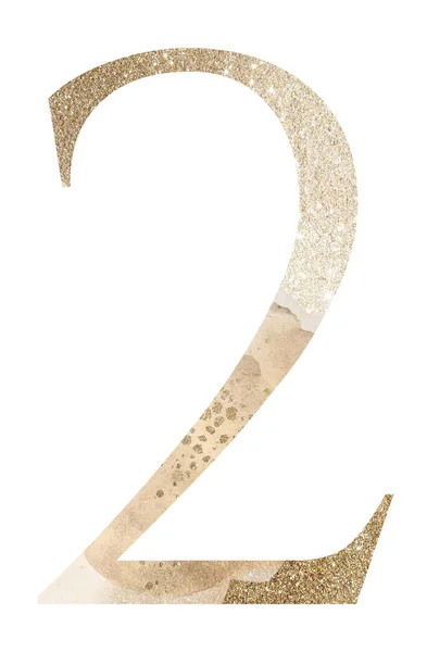 米色水彩斑斑的浅色金色2号 孤立的插图 闪烁着节日元素 婚礼和节日文具设计用闪光字母表符号 — 图库照片