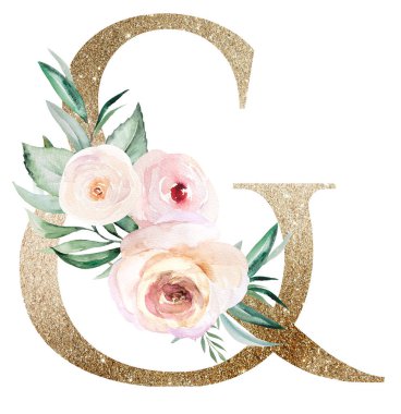 Açık altın rengi Ampersand ve suluboya pastel güller beyaza izole edilmiş. Yeşil yapraklı ve açık pembe çiçekli ışıldayan boho elementi. Düğün ve tatil tasarımı için alfabe çiçekleri