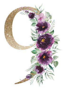 Açık altın rengi 9 numara. Mor güller ve yeşil yapraklı buketler. Menekşe şakayıklı elementler. Düğün ve tatil tasarımı ve kırtasiye için zarif çiçek alfabesi