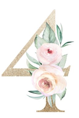 Açık altın rengi 4 numaralı suluboya pastel güller beyaza izole edilmiş. Yeşil yaprakları ve açık pembe çiçekleri olan dört numaralı köpüklü boho. Düğün ve tatil tasarımı için alfabe çiçek elementi