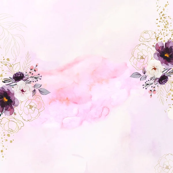 Aquarell Lila Und Goldene Pfingstrosen Blumen Illustration Mit Rosa Aquarell — Stockfoto