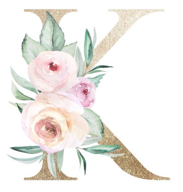 Beyaz üzerine izole edilmiş suluboya pastel gülleri olan açık altın harfli K harfi. Yeşil yapraklı ve açık pembe çiçekli ışıldayan boho elementi. Düğün ve tatil tasarımı için alfabe çiçekleri