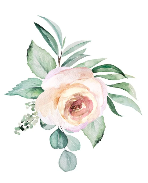 Watercolor light pink flowers and green leaves bouquet, illustration isolated on white for wedding stationary, greetings cards, crafting. Pastel Floral Hand painted arrangement