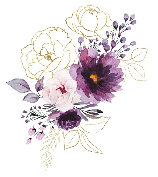 Букет Акварели Фиолетовый Золотые Пионы Листья Иллюстрации Изолированы Романтические Цветочные — стоковое фото