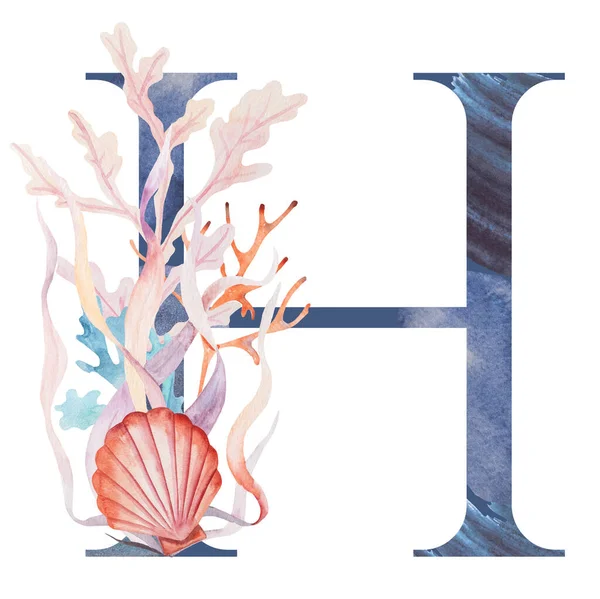 Blue Capital Letter Decorated Watercolor Seaweeds Corals Seashells Isolated Illustration — Stock Photo, Image