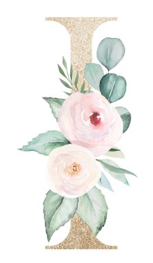 Beyaz üzerine izole edilmiş suluboya pastel güllü açık altın harf. Yeşil yapraklı ve açık pembe çiçekli ışıldayan boho elementi. Düğün ve tatil tasarımı için alfabe çiçekleri