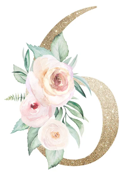 白色に分離された水彩パステルローズとライトゴールデンナンバー6 緑色の葉と薄いピンクの花で輝くブーブーナンバー6 結婚式や休日のデザインのためのアルファベットの花要素 — ストック写真