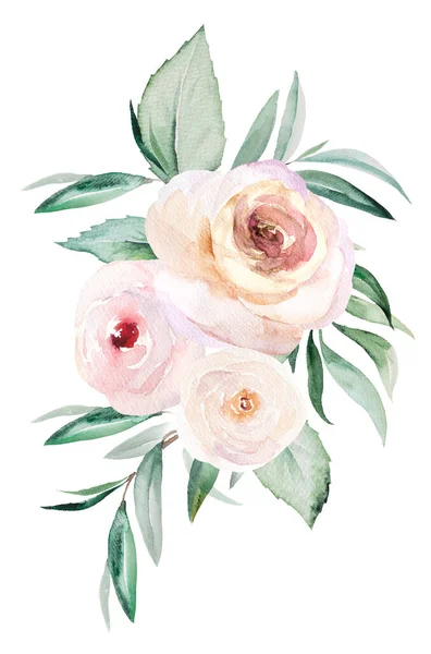 Watercolor Light Pink Flowers Green Leaves Bouquet Illustration Isolated White — Stock Photo, Image